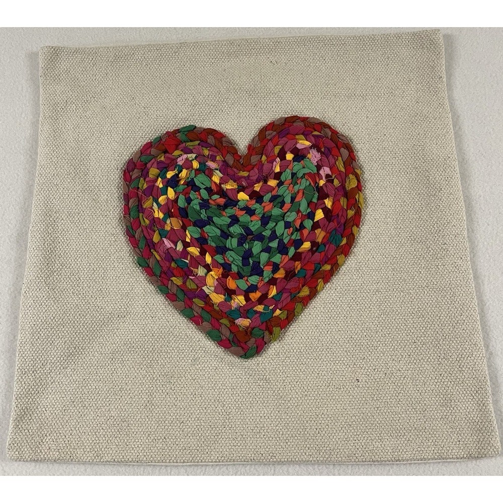 Creative Co-Op Pillow Heart 3D Colorful Sham Ecru Artsy Appliquéd Chindi India